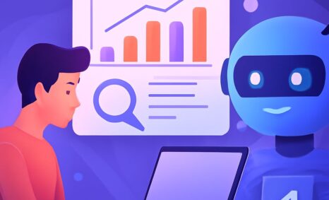 A young man in an orange shirt types on a laptop while a blue robot with a friendly expression observes a graph on a scr