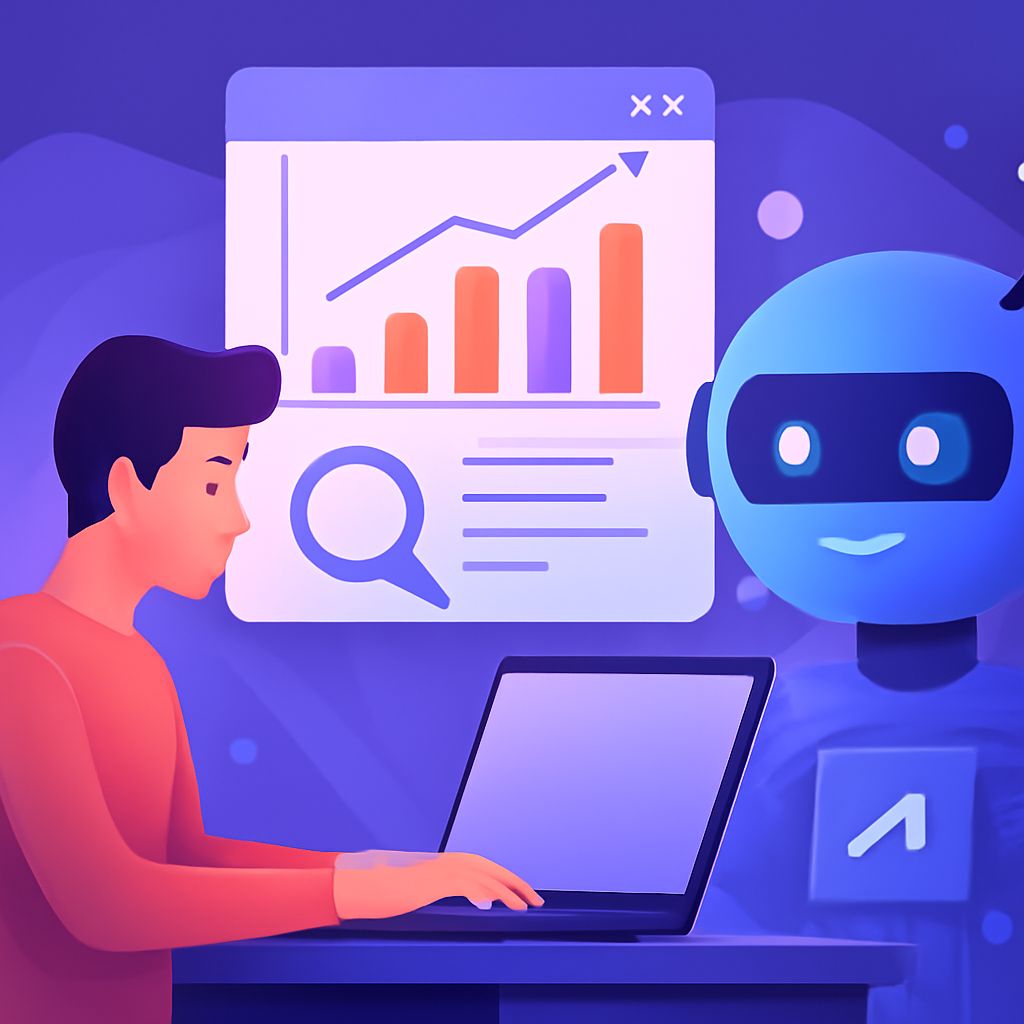 A young man in an orange shirt types on a laptop while a blue robot with a friendly expression observes a graph on a scr