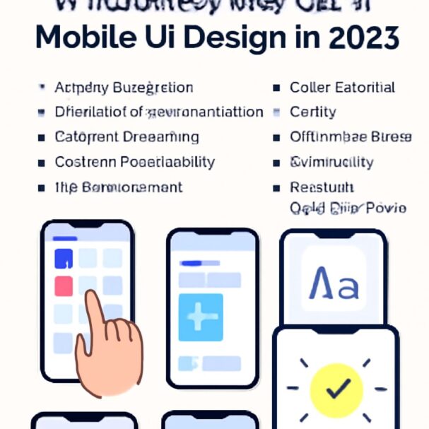 A hand points at a mobile app interface displaying various design concepts and features for 2023 UI design.