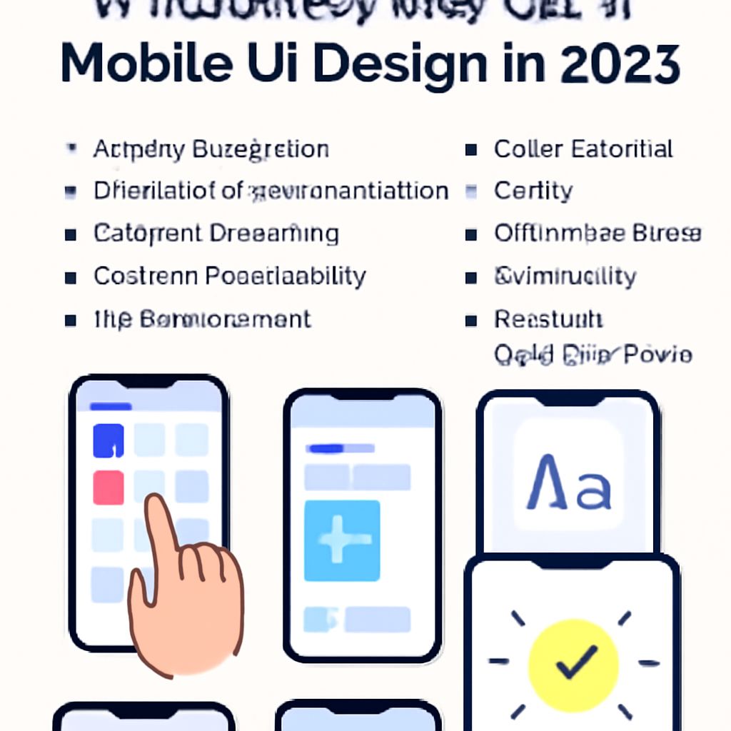 A hand points at a mobile app interface displaying various design concepts and features for 2023 UI design.