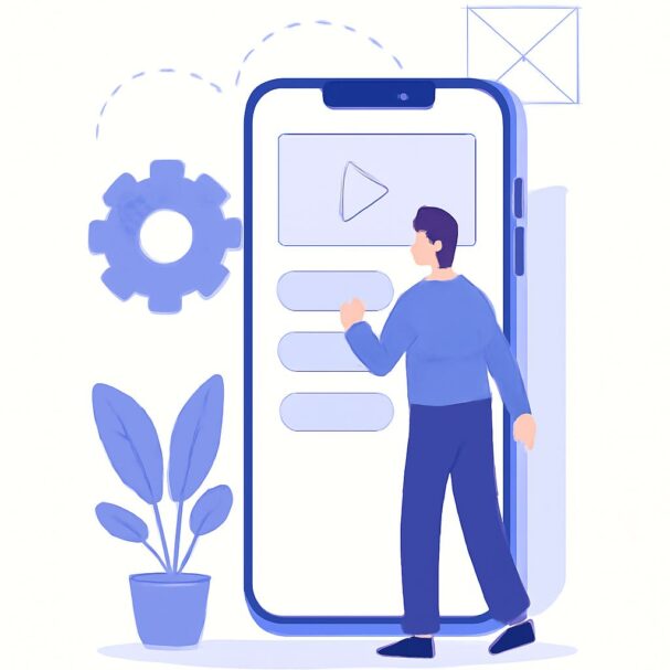 A person in a blue sweater walks beside a large smartphone displaying a play button and settings gear, with a plant near
