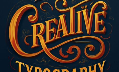 Stylized text in warm orange hues reads "The Art of Creative Typography" against a dark background with swirling pattern