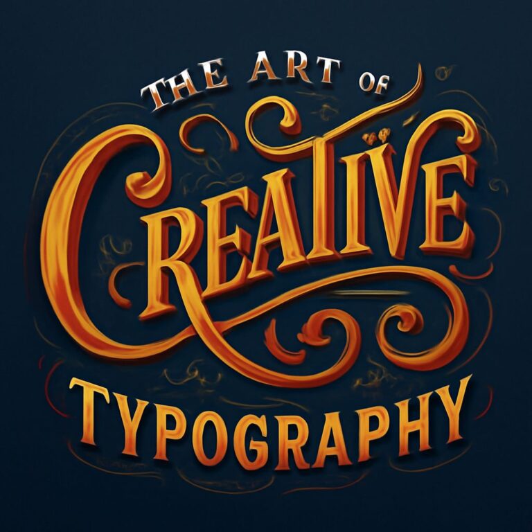 Stylized text in warm orange hues reads "The Art of Creative Typography" against a dark background with swirling pattern