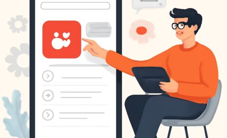 A person in an orange sweater sits on a chair, pointing at a large smartphone displaying a social app with heart icons.