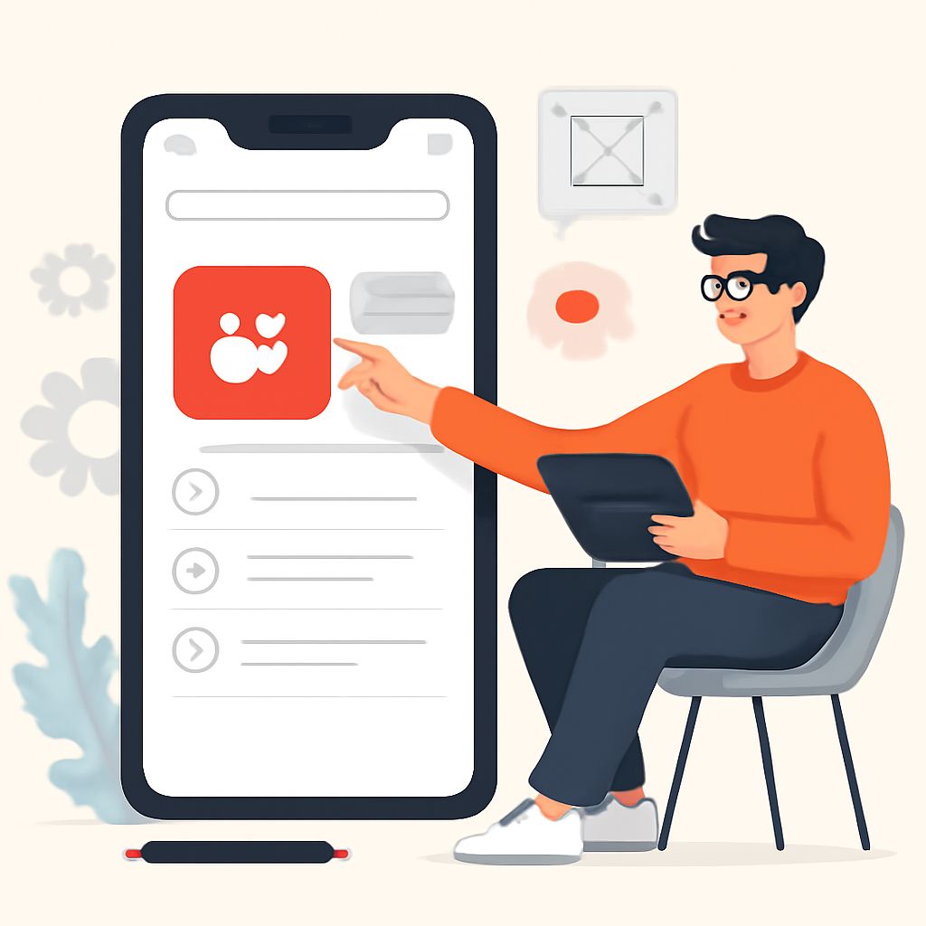 A person in an orange sweater sits on a chair, pointing at a large smartphone displaying a social app with heart icons.