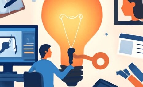 A person sits at a desk, drawing a light bulb while surrounded by digital devices and creative materials.