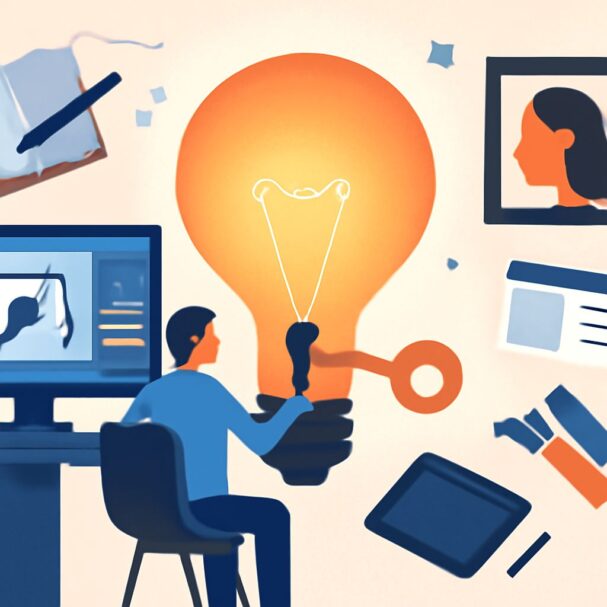 A person sits at a desk, drawing a light bulb while surrounded by digital devices and creative materials.