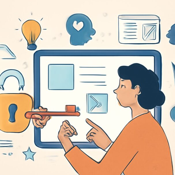 A woman in an orange sweater interacts with a digital screen displaying various icons and symbols related to creativity