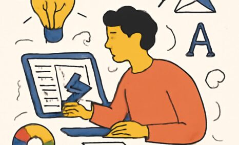 A person with dark hair in an orange shirt works on a laptop surrounded by design elements like a light bulb, shapes, an