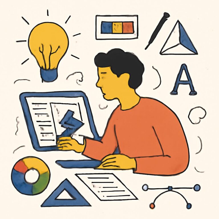 A person with dark hair in an orange shirt works on a laptop surrounded by design elements like a light bulb, shapes, an