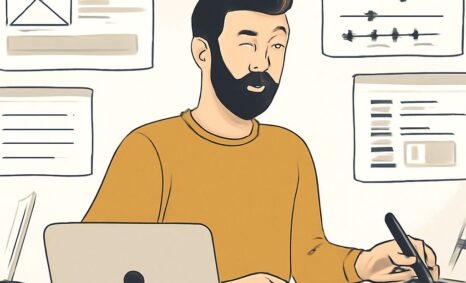 A man with a beard in a yellow shirt winks while drawing on a tablet, surrounded by design sketches on the wall.