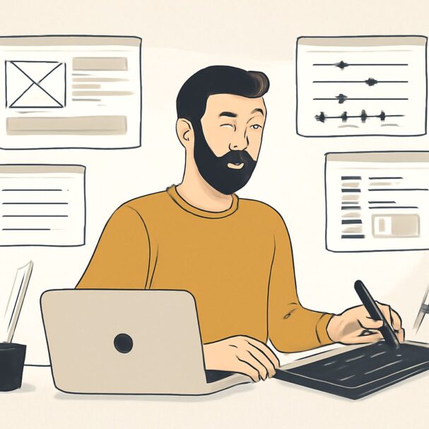 A man with a beard in a yellow shirt winks while drawing on a tablet, surrounded by design sketches on the wall.
