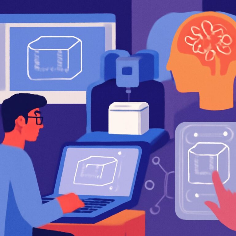 A person with glasses works on a laptop, surrounded by screens displaying 3D models and a robotic arm above a white cube