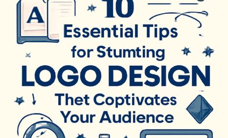 Ten tips for stunning logo design are highlighted with colorful icons and a playful layout on a light background.