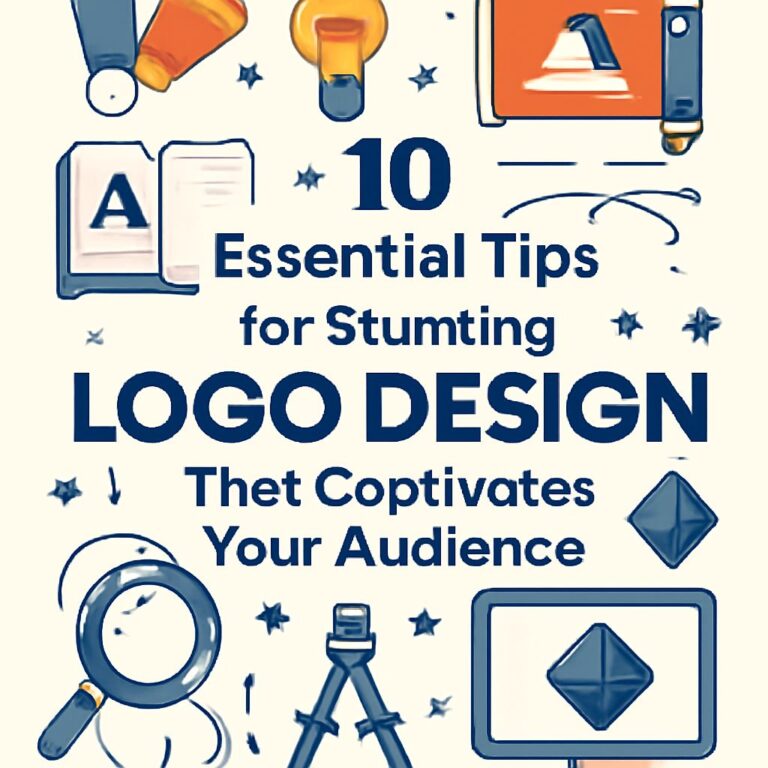 Ten tips for stunning logo design are highlighted with colorful icons and a playful layout on a light background.