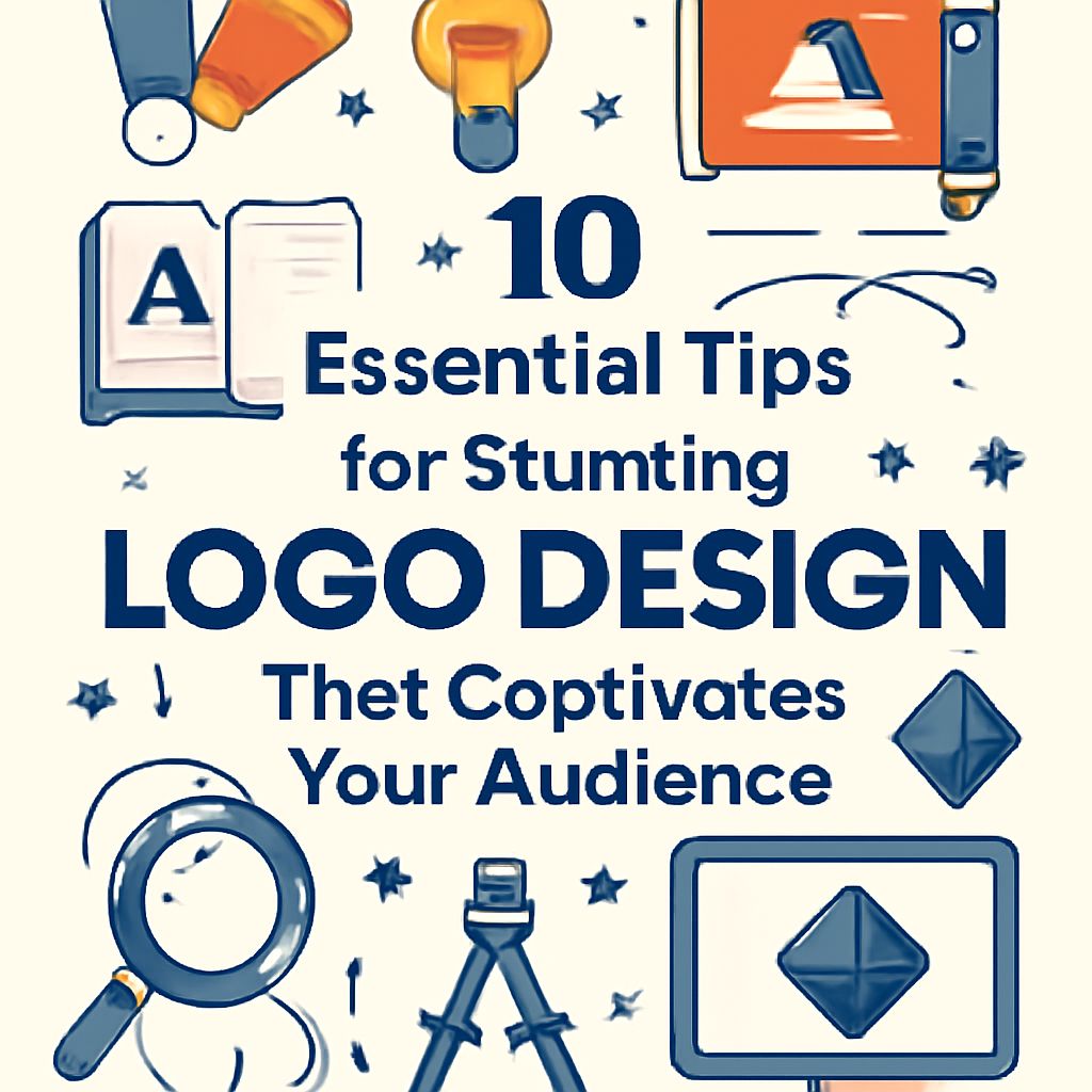 Ten tips for stunning logo design are highlighted with colorful icons and a playful layout on a light background.
