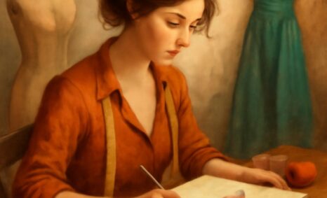 A woman in an orange shirt sketches a dress on paper, with a dress form and a teal dress hanging in the background.