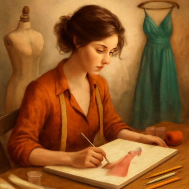 A woman in an orange shirt sketches a dress on paper, with a dress form and a teal dress hanging in the background.