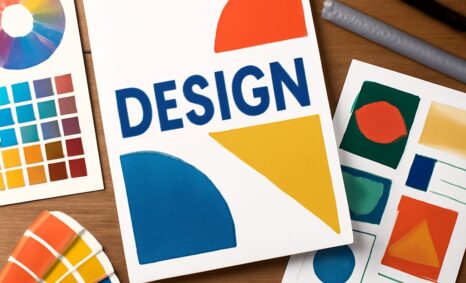 Colorful design sketches and swatches are arranged on a wooden table, featuring geometric shapes and the word "DESIGN.