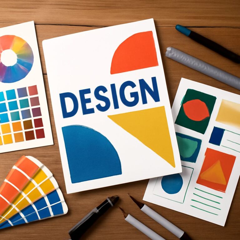 Colorful design sketches and swatches are arranged on a wooden table, featuring geometric shapes and the word "DESIGN.