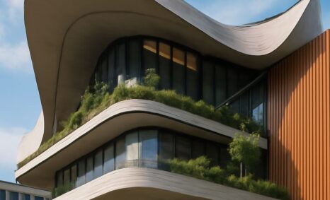A modern building features a wavy roof design with large glass windows and greenery along the terraces.