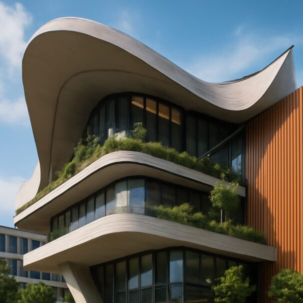 A modern building features a wavy roof design with large glass windows and greenery along the terraces.