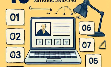 A laptop displays a profile page, surrounded by numbered cards and various geometric shapes on a yellow background.