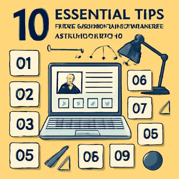 A laptop displays a profile page, surrounded by numbered cards and various geometric shapes on a yellow background.