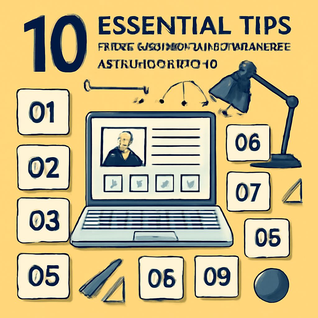 A laptop displays a profile page, surrounded by numbered cards and various geometric shapes on a yellow background.