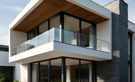 Modern two-story house featuring large glass windows, a wooden overhang, and a spacious balcony overlooking a garden.