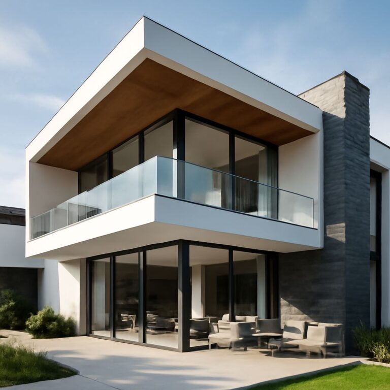 Modern two-story house featuring large glass windows, a wooden overhang, and a spacious balcony overlooking a garden.