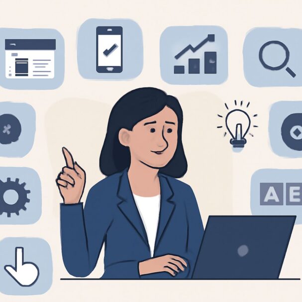 A woman in a blue blazer smiles while pointing at a laptop, surrounded by icons representing technology and analytics.