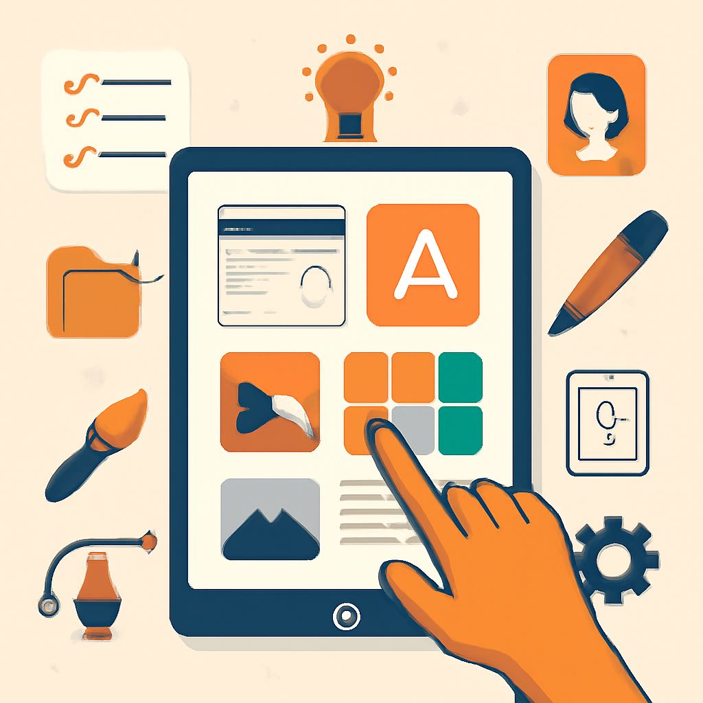 A hand interacts with a colorful tablet interface displaying various app icons, including a pencil, image, and settings
