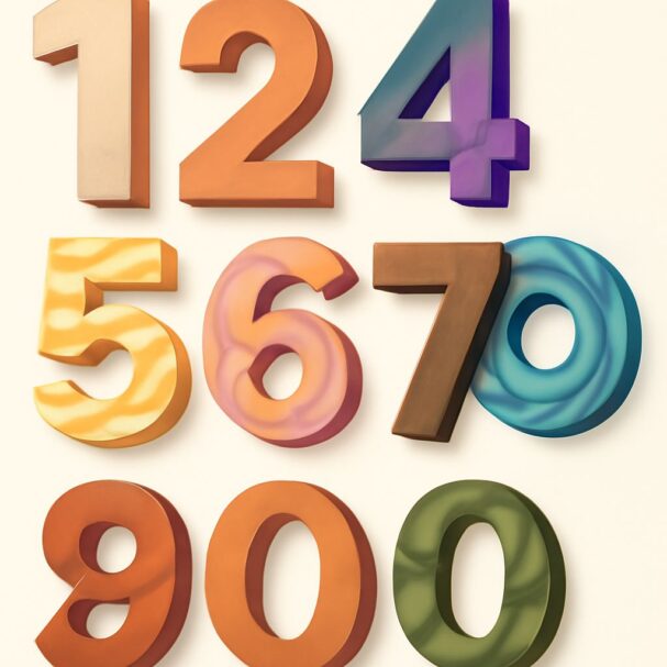 Colorful, three-dimensional numbers from 1 to 9 arranged in a grid against a light background.