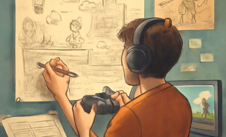 A young person wearing headphones sketches ideas on paper while holding a video game controller, surrounded by notes and
