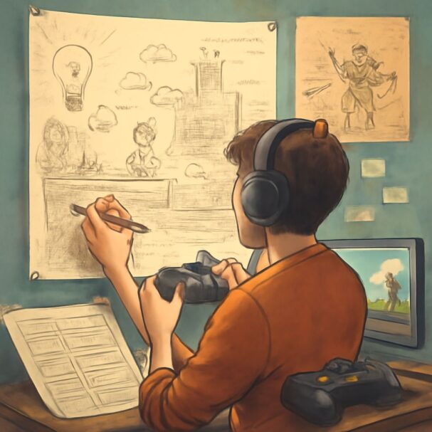 A young person wearing headphones sketches ideas on paper while holding a video game controller, surrounded by notes and