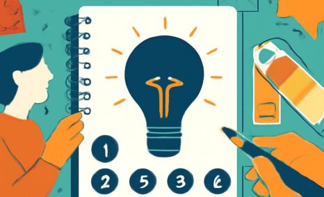 A person in an orange shirt sketches a light bulb on a notebook surrounded by various creative tools and objects.