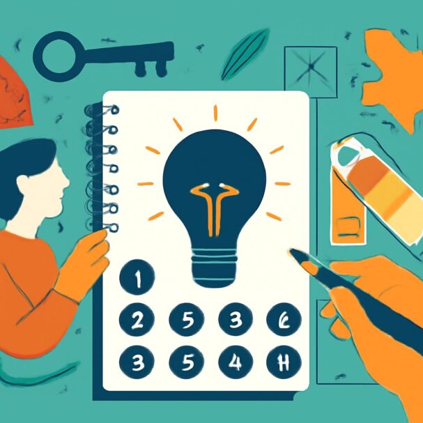 A person in an orange shirt sketches a light bulb on a notebook surrounded by various creative tools and objects.