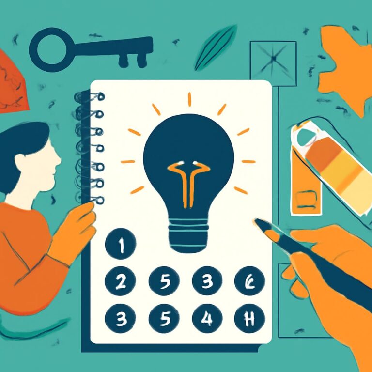 A person in an orange shirt sketches a light bulb on a notebook surrounded by various creative tools and objects.