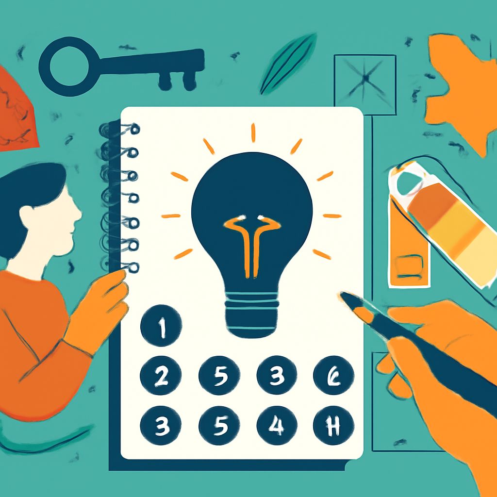 A person in an orange shirt sketches a light bulb on a notebook surrounded by various creative tools and objects.