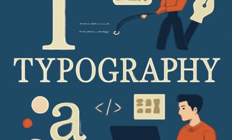 A dark blue background features the word "TYPOGRAPHY" alongside illustrations of a person designing text, a computer, an