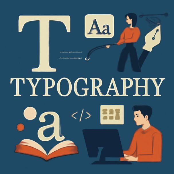 A dark blue background features the word "TYPOGRAPHY" alongside illustrations of a person designing text, a computer, an