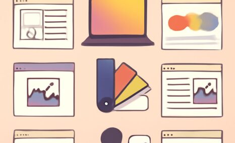 Colorful icons representing web design elements, including a laptop, color palette, and user interface layouts on a soft