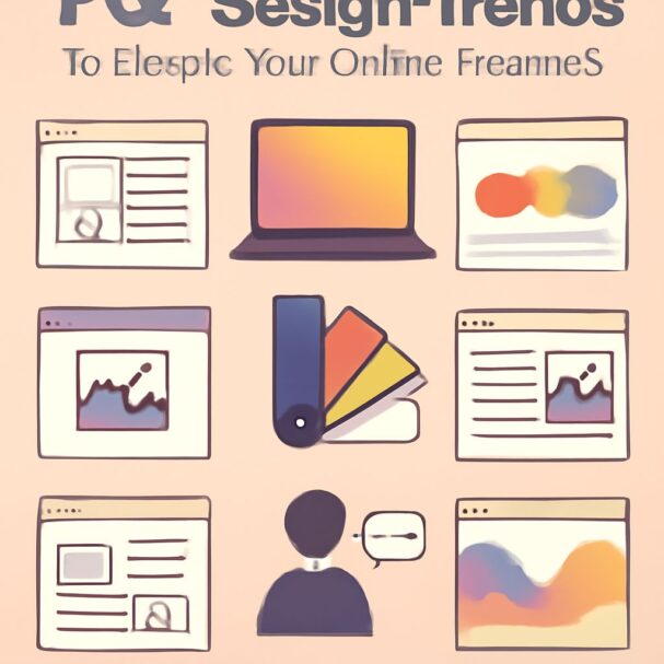 Colorful icons representing web design elements, including a laptop, color palette, and user interface layouts on a soft