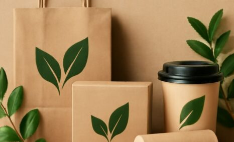 A brown paper bag, box, and cup with green leaf designs are arranged with green leaves on a beige background.