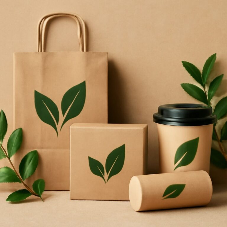A brown paper bag, box, and cup with green leaf designs are arranged with green leaves on a beige background.