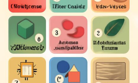 A grid of colorful squares featuring abstract shapes and text in various languages, suggesting a game or puzzle format.