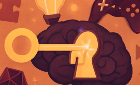 A stylized brain with a golden key and keyhole, surrounded by a light bulb, game controller, and geometric shapes on an