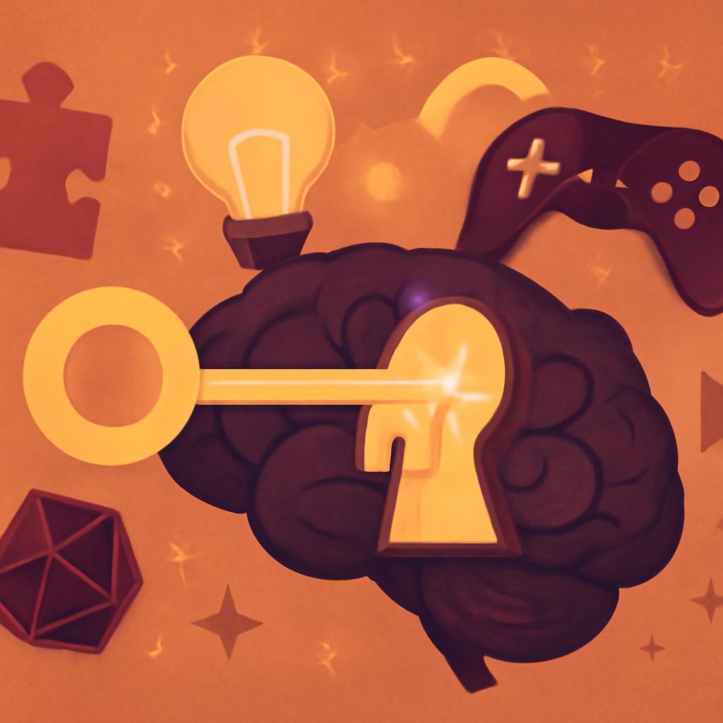 A stylized brain with a golden key and keyhole, surrounded by a light bulb, game controller, and geometric shapes on an