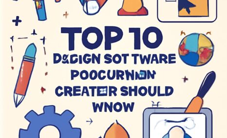 Colorful illustrations of design tools and software with the text "Top 10 Design Software Creators Should Know.